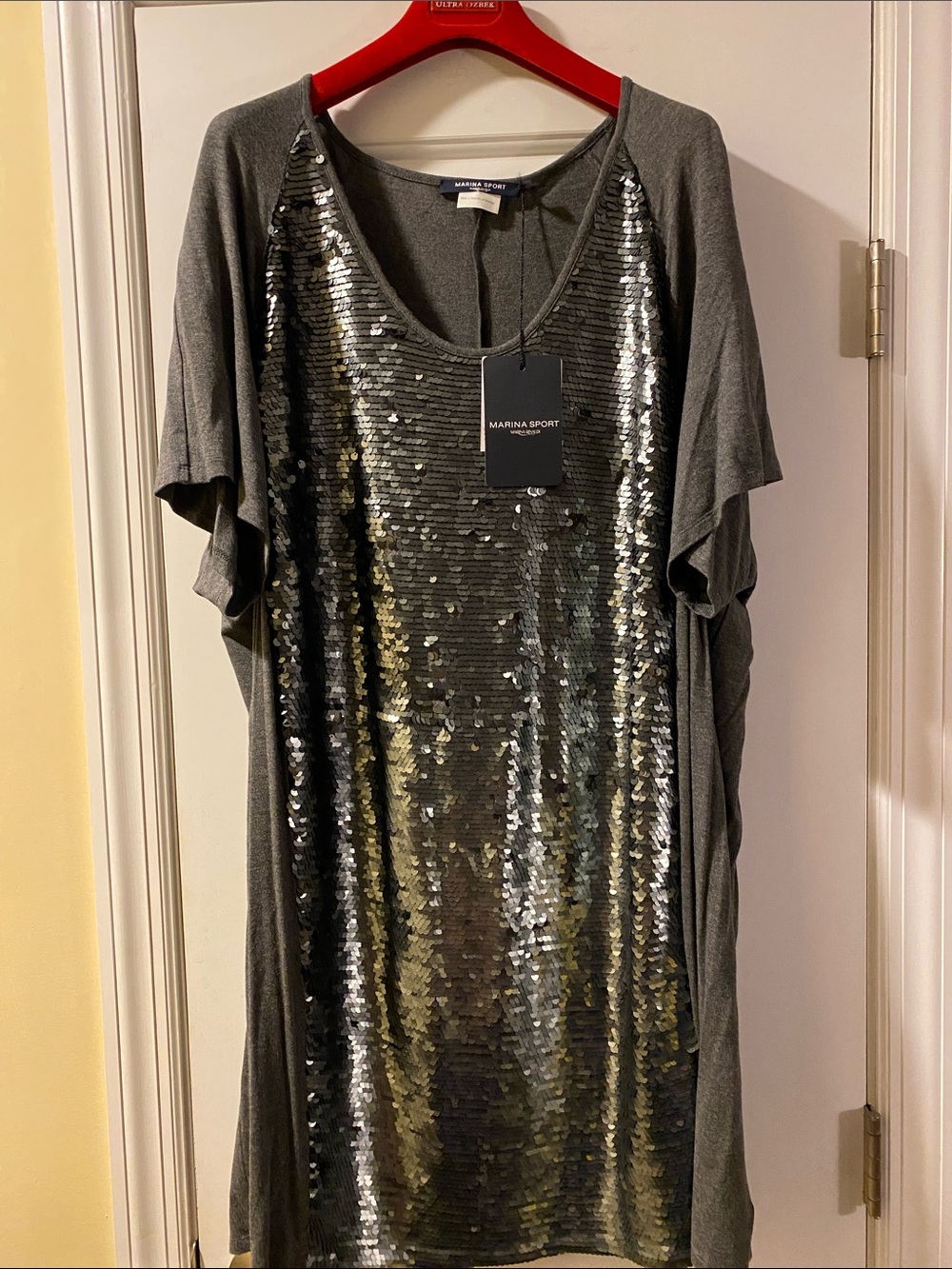Marina Rinaldi Sport Stunning Gray Stretch All Sequin Front Long Tee Dress NWT